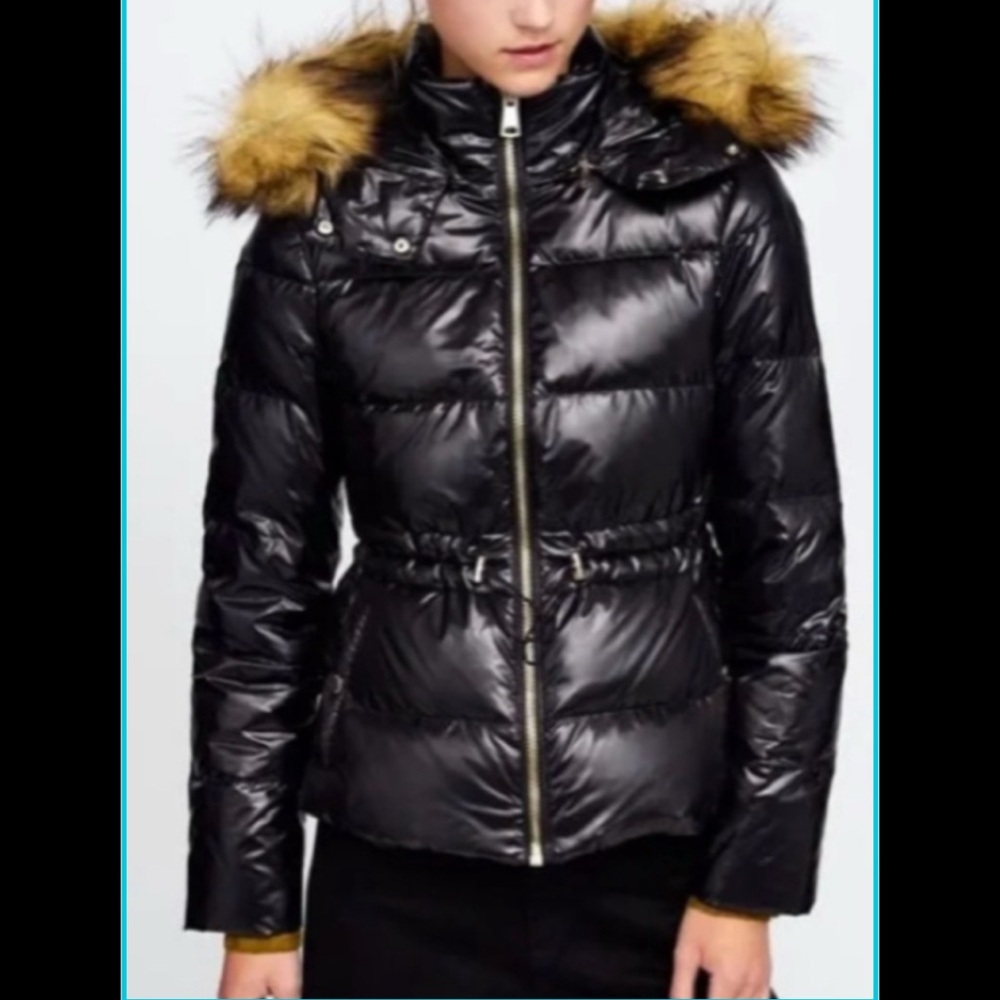 ZARA Black Puffer Jacket with Faux Fur Trim